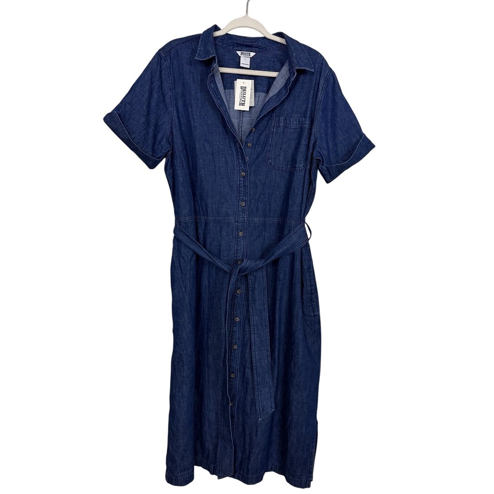 NWT Duluth Denim Midi Shirt Dress Sz L Dark Indigo Blue Short Sleeve Cotton